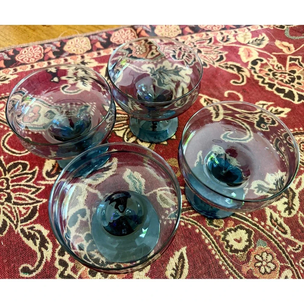 Vintage Libbey Smokey Blue Champagne Coupes | MCM Retro Cocktail Glasses